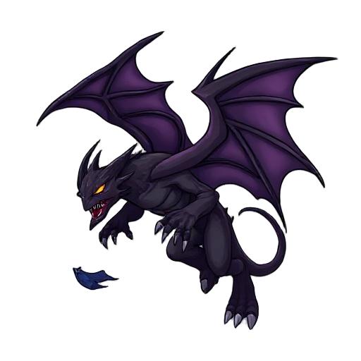 a dark flying demon boss creature with large leathery wings, glowing eyes, and muscular body, mid-air pose, wings spread wide, black and purple color palette, mist or smoke effects around it, sharp claws and fangs, intimidating fantasy monster design, vie