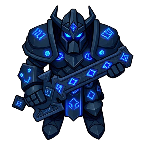 massive armored figure in dark stone plates with glowing cyan runes. full helmet with t-visor, broad shoulders, geometric armor segments. wields huge runic warhammer. runes pulse with arcane light. color: dark blue/grey base, bright cyan purple glow simpl