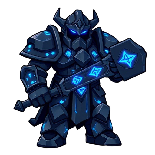 massive armored figure in dark stone plates with glowing cyan runes. full helmet with t-visor, broad shoulders, geometric armor segments. wields huge runic warhammer. runes pulse with arcane light. color: dark blue/grey base, bright cyan/purple glow. simp