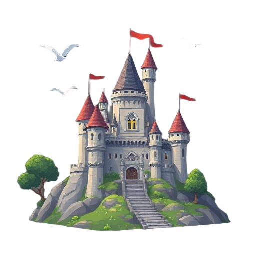 faça um video em estilo low fantasia de um castelo tranquilo refetindo paz e calmaria com passaros voando e pessoa andando e faça n estilo pixelado tambem 