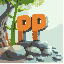 bamboo, stones, large letters "pp", logo