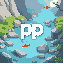 river, stones in the river, fish, capital letters "pp", logo