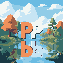 lake, trees, large letters "pp", logo, sky