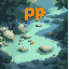 river, stones in the river, fish, capital letters "pp", logo