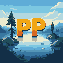 lake, trees, large letters "pp", logo