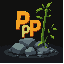 bamboo, stones, large letters "pp", logo, dark background