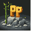bamboo, stones, large letters "pp", logo, mountens