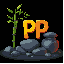 bamboo, stones, large letters "pp", logo, dark background