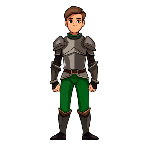 generate me a knight with no armour,just brown shirt,black shoes and,green pants,short hair 