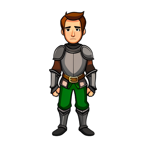 generate me a knight with no armour,just brown shirt,black shoes and,green pants,short hair 