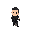 character of a white male swat soldier, simple design, 3/4 top-down view. he has short anda black hair, a short beard, no helmet, wearing dark tactical clothing with a visible white bandage wrapped around one arm. the pose is neutral, limited color palett