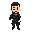 character of a white male swat soldier, simple design, 3/4 top-down view. he has short anda black hair, a short beard, no helmet, wearing dark tactical clothing with a visible white bandage wrapped around one arm. the pose is neutral, limited color palett