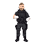 character of a white male swat soldier, simple design, he has short hair, a short beard, no helmet, wearing dark tactical clothing with a visible white bandage wrapped around one arm.