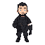 character of a white male swat soldier, simple design, 3/4 top-down view. he has short anda black hair, a short beard, no helmet, wearing dark tactical clothing with a visible white bandage wrapped around one arm. the pose is neutral, limited color palett