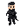 character of a white male swat soldier, simple design, 3/4 top-down view. he has short anda black hair, a short beard, no helmet, wearing dark tactical clothing with a visible white bandage wrapped around one arm. the pose is neutral, limited color palett