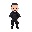 character of a white male swat soldier, simple design, 3/4 top-down view. he has short anda black hair, a short beard, no helmet, wearing dark tactical clothing with a visible white bandage wrapped around one arm. the pose is neutral, limited color palett