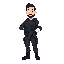 character of a white male swat soldier, simple design, no weapons. he has short anda black hair, a short beard, no helmet, wearing dark tactical clothing with a visible white bandage wrapped around one arm. the pose is neutral, limited color palette
