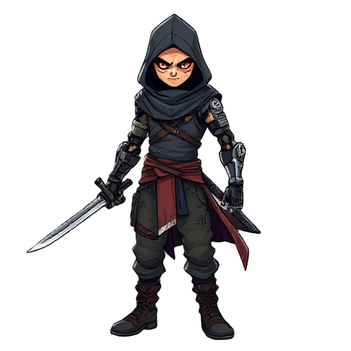 create a cyberpunk ninja character with prosthetic arms — one of them being a fully mechanical arm. he wears a cloak with a hood, and one of his eyes glows red. he wields a sword held in a reverse grip. his pants and boots are worn and tattered, giving hi