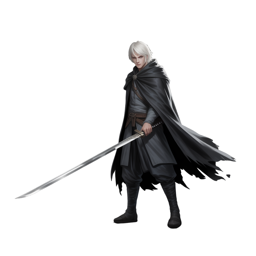 dark fantasy human with black cloak and white hair, his name is rorach, he wields a long katana