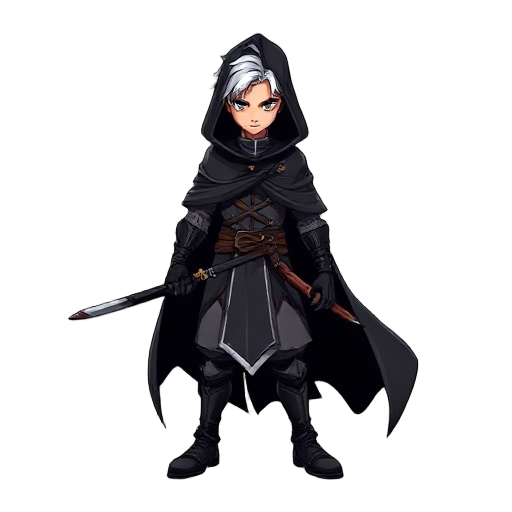 dark fantasy human with black cloak and white hair, his name is rorach, he wields a long katana