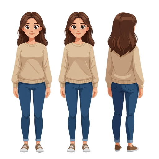 a realistic girl with a beige sweater and blue pants