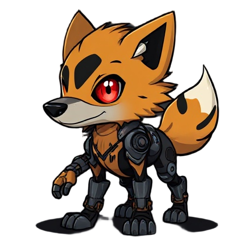 toon furry cyber dog, caramel fur with black patches, one red robotic eye, one white organic eye. half body metal, half fur. gooey nanobot arm, dark smoky background, subtle glowing eyes. mix of cute and scary, toon-force style.