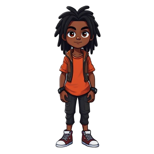 crie uma personagem adulto, com dreads uma com um sobretudo branco uma calça e camisa roxa no estilo futurista