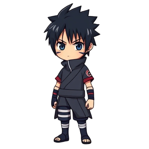 crea una imagen de sasuke (del primer naruto, no quiero shipuden) para un videojuego 2d aventura, debe tener aspecto chibi (cabezón con pequeño cuerpo), debe estar de perfil con fondo transparente.