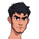 a man in a 3/4 angle, with short dark hair, rugged features, and deep eyes. calm yet intense expression, faint stubble, and a strong jawline.