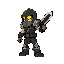 make a doom guy character from doom game with a weapon in hand facing on the right side