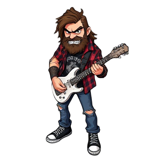 full-body character design of a video game protagonist, a gritty male rocker. he has long, messy hair and a thick beard, with a scowling, mean expression. he wears a unbuttoned flannel shirt over a band t-shirt, torn blue jeans, and worn-out black convers