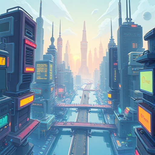 panoramic image of a futuristic city that looks like the background of a video game