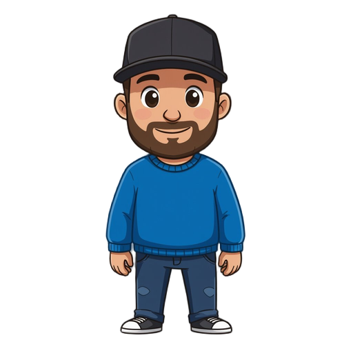 man in black baseball hat and blue sweater