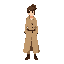 woman detective in the baige trenchcoat, front view, hair tied back
