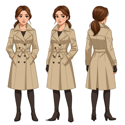 woman detective in the baige trenchcoat, front view, hair tied back