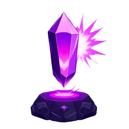 a dark, obsidian-looking pedestal cradles a levitating violet crystal. the crystal is tall and faceted with a bright pink core and cooler purple rim—basically an arcane “heart” inside a shadowy shell. small magenta square motes orbit it. when it activates