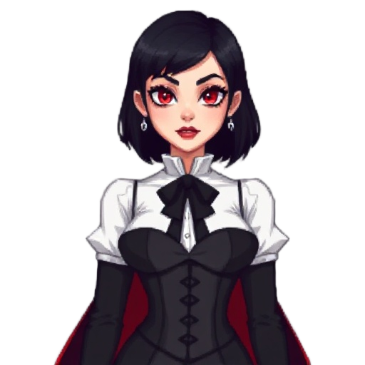 a 16-bit platformer character sprite featuring a nobel vampire.   (solo, 1woman:1.3), beautiful fantasy female vampire, red eyes, pale skin, (medium breasts:0.85), thick thighs, pitch-black hair,  short hair, hair between eyes, break,  black jabot_tie, bl