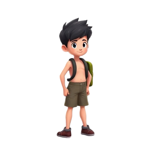 a boy in shorts without a shirt with a backpack