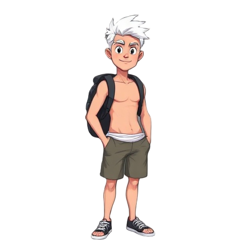 a man in shorts, sarapens, white hair, no shirt, with a backpack, looking