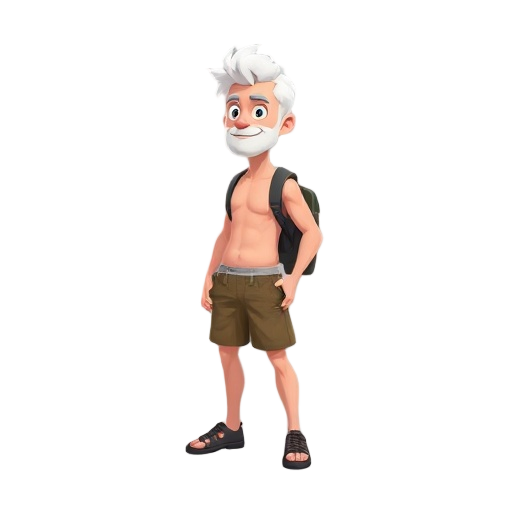 a man in shorts, sarapens, white hair, no shirt, with a backpack, looking