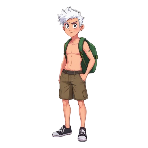 a man in shorts, sarapens, white hair, no shirt, with a backpack, looking