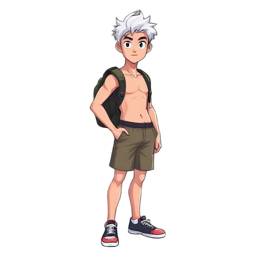 a man in shorts, sarapens, white hair, no shirt, with a backpack, looking