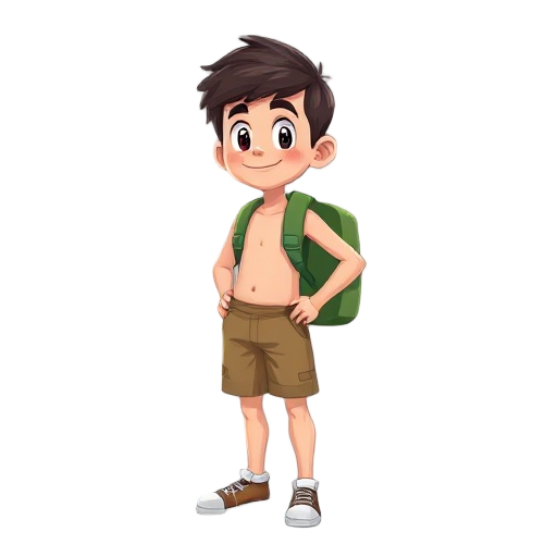 a boy in shorts without a shirt with a backpack