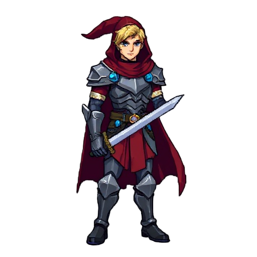 8-bit male hero, side-scroller pose.  gray armor, blue accents, dark red cloak.  steel sword, no glow.  authentic retro pixel shading