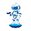 pixel asoldier named bit, hero of an antivirus world, small and stylized like super mario, wearing a white and blue digital suit with glowing lines, helmet with a glass visor and pixelized lights, holding a small blaster that shoots data energy, standing 