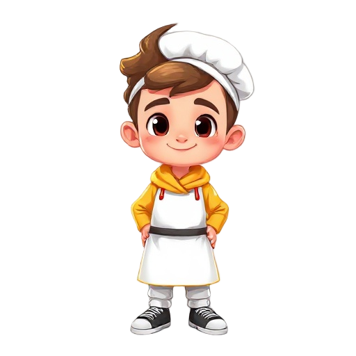 um menino cozinheiro com roupa amarelo e um avental branco com a frase aps tem cabelo e alecre com um chapéu de cozinheiro branco com uma linha vermelha calça azul dizs e sapato preto