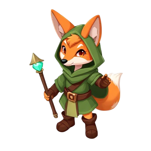 cute fox character, wearing a green hooded tunic, brown belt, and brown boots, holding a staff with a glowing turquoise gem, simple white background