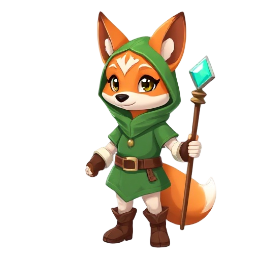 cute fox character, wearing a green hooded tunic, brown belt, and brown boots, holding a staff with a glowing turquoise gem, simple white background