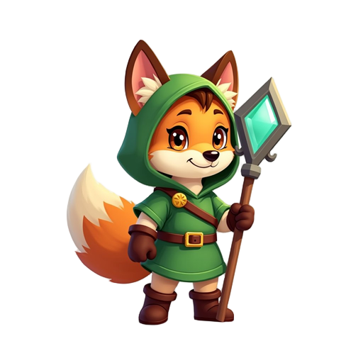 cute male fox character, wearing a green hooded tunic, brown belt, and brown boots, holding a staff with a glowing turquoise gem, simple white background