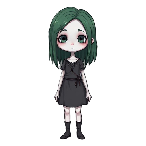 a pale girl with white skin. her dull, unkempt green hair reaches her collarbones. her colors are very dull. she stands stiffly and looks straight ahead. her facial features are sharp. the style resembles a dark fantasy game.